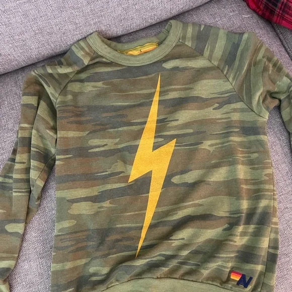 Aviator Nation Green Camo Sweatshirt with Yellow Lightning Bolt - Picture 1 of 2